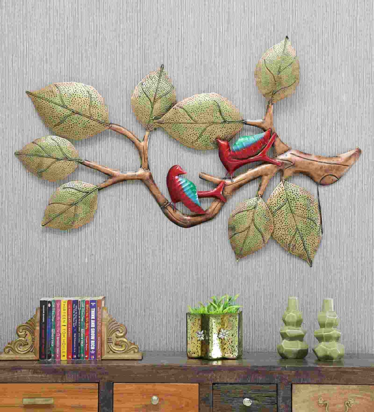gold wrought iron 2 bird tree with led wall art1