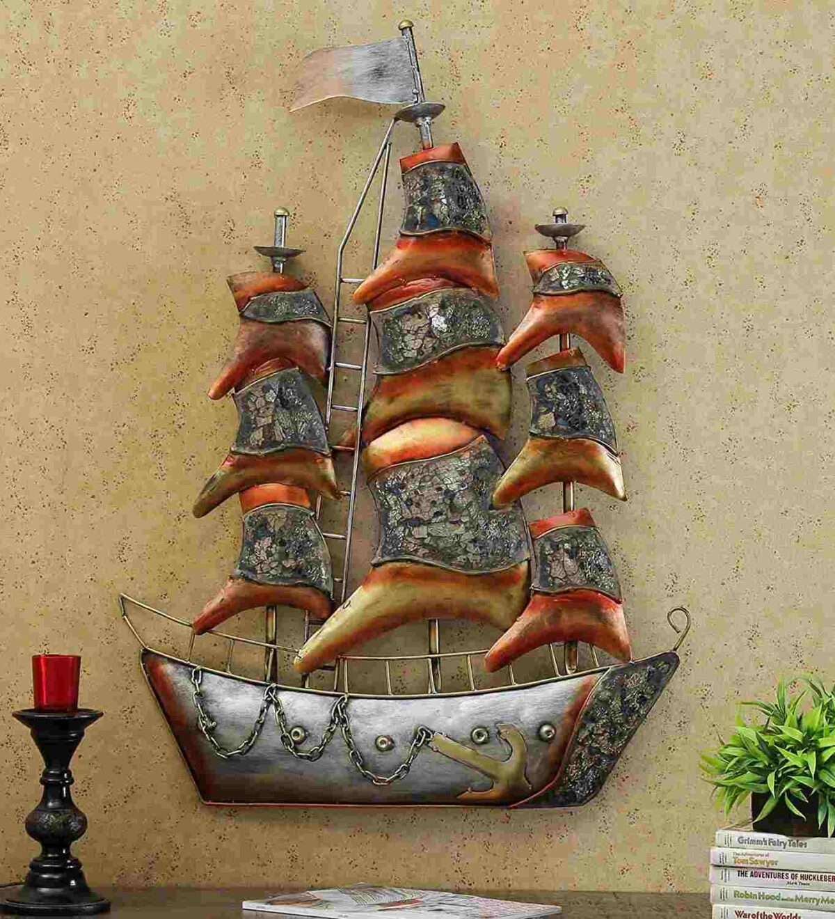 silver wrought iron ship with led wall art1